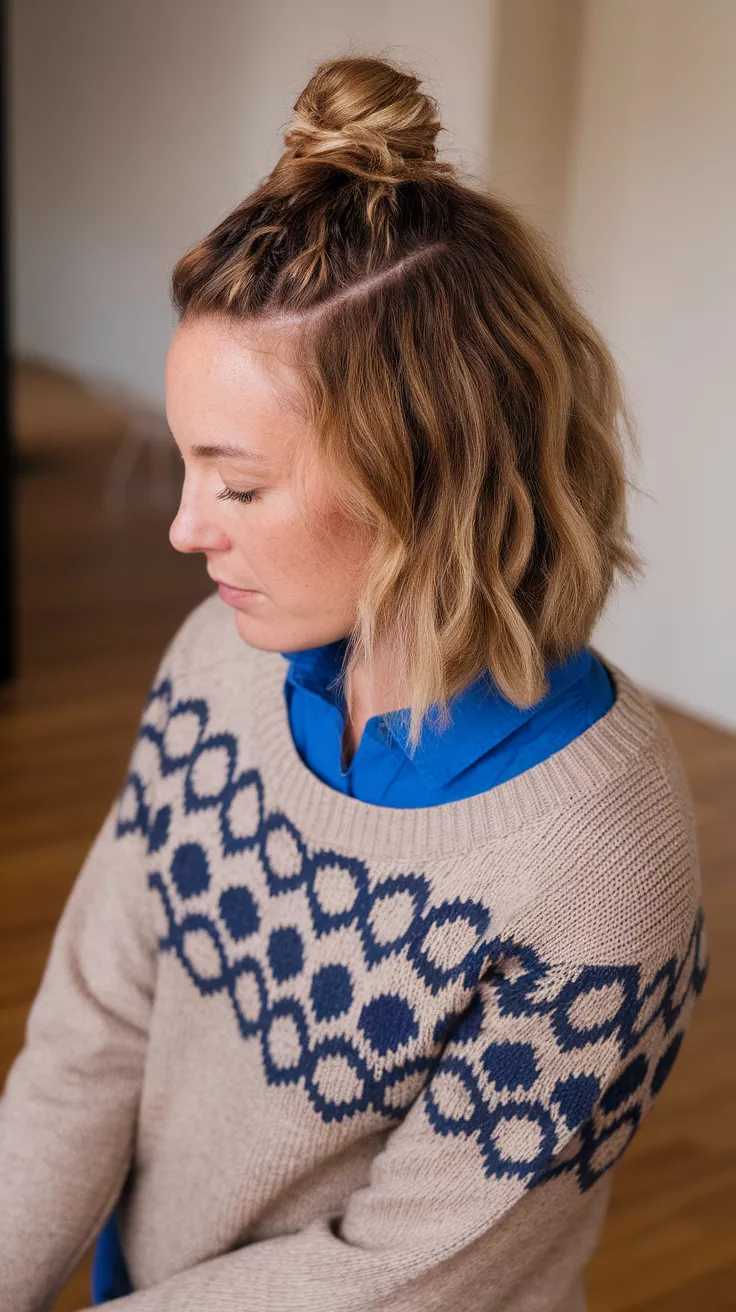 A 31-year-old woman with a top section twisted into a small bun, bottom hair left wavy, back view.