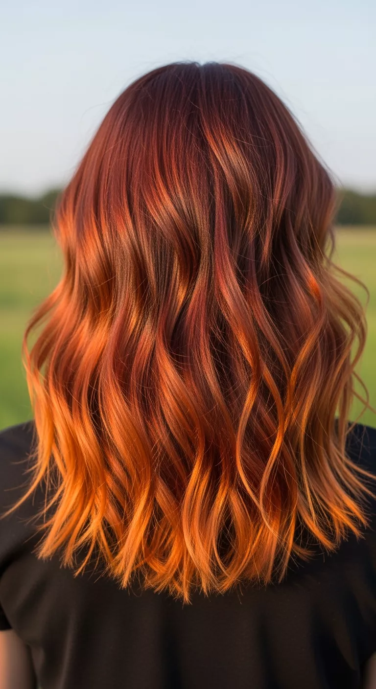 Copper Balayage Red A 24-year-old woman with lived-in red with bright copper ends colored wavy hair, back view.