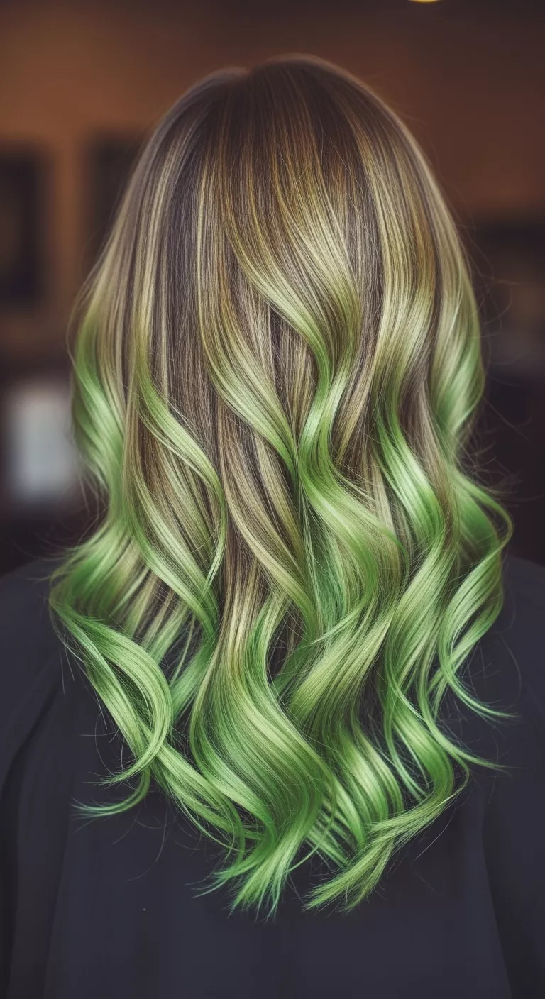 Electric Green Peekaboo A 26-year-old woman with a bright green underlayers that pop when styled colored long, wavy hair, back view.