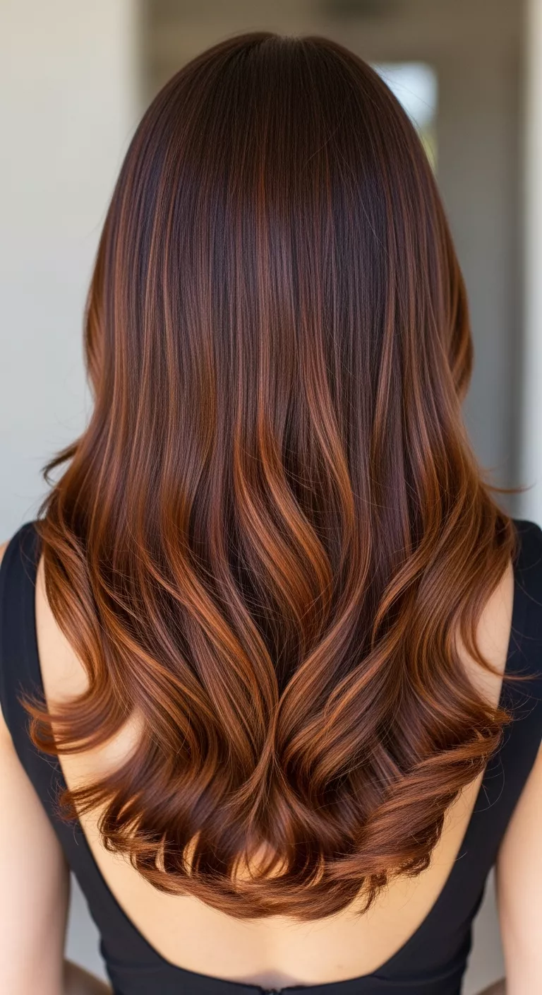 Warm Copper Highlights A beautiful 26-year-old woman with a subtle copper streaks on a darker base colored long, straight hair, back view.