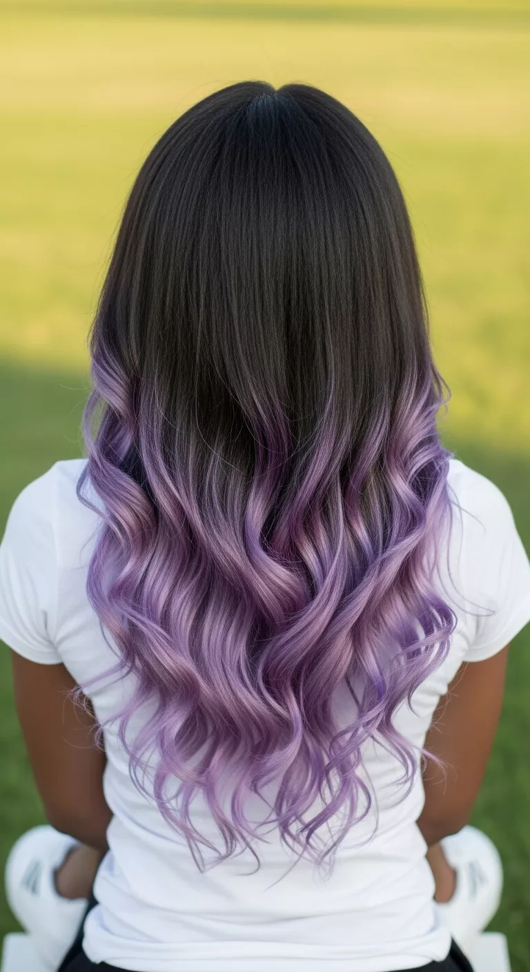 Lavender Tips A photo of a 22-year-old woman with a Lavender Tips and a long natural colored straight hair, back view.
