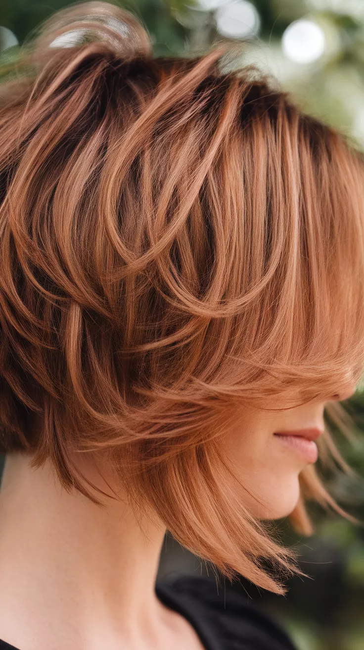 Bixie Cut in Rustic Copper A 31-year-old woman with a warm copper tone colored hybrid pixie-bob with airy layers and soft movement, side view.
