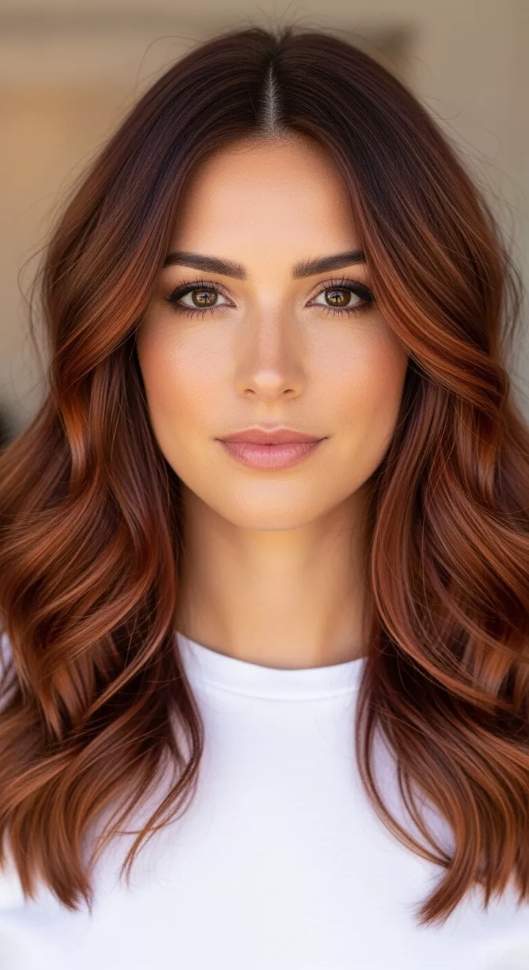 A 31-year-old woman with a warm brown with copper-red accents colored wavy hair, front view.