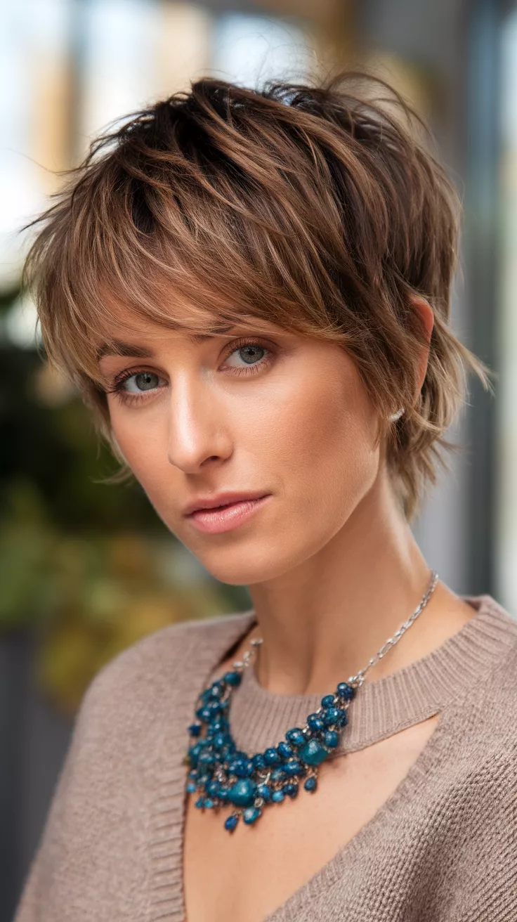 A beautiful 22-year-old woman with a short cub cut with shaggy layers and curtain fringe, front view.