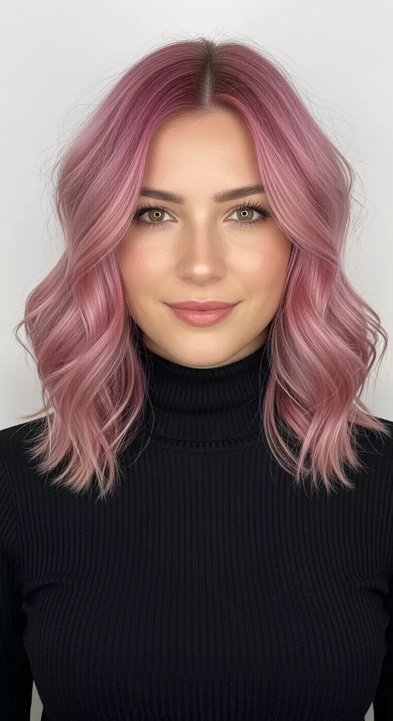 Rose Gold A 31-year-old woman with a metallic blend of pink and soft gold colored wavy, medium-length hair, front view.