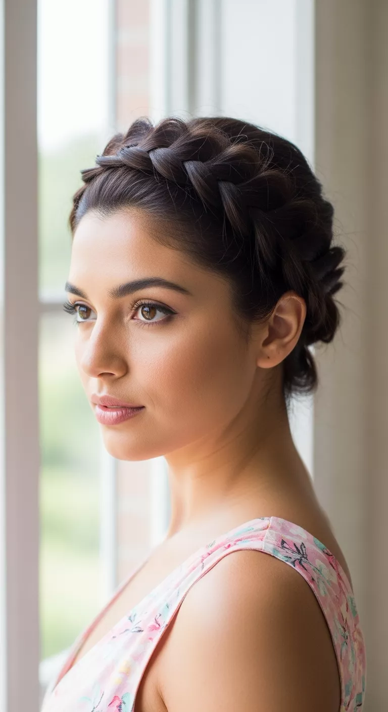 A 26-year-old woman with a single Dutch braid circling the head like a halo, ends tucked under, side view.
