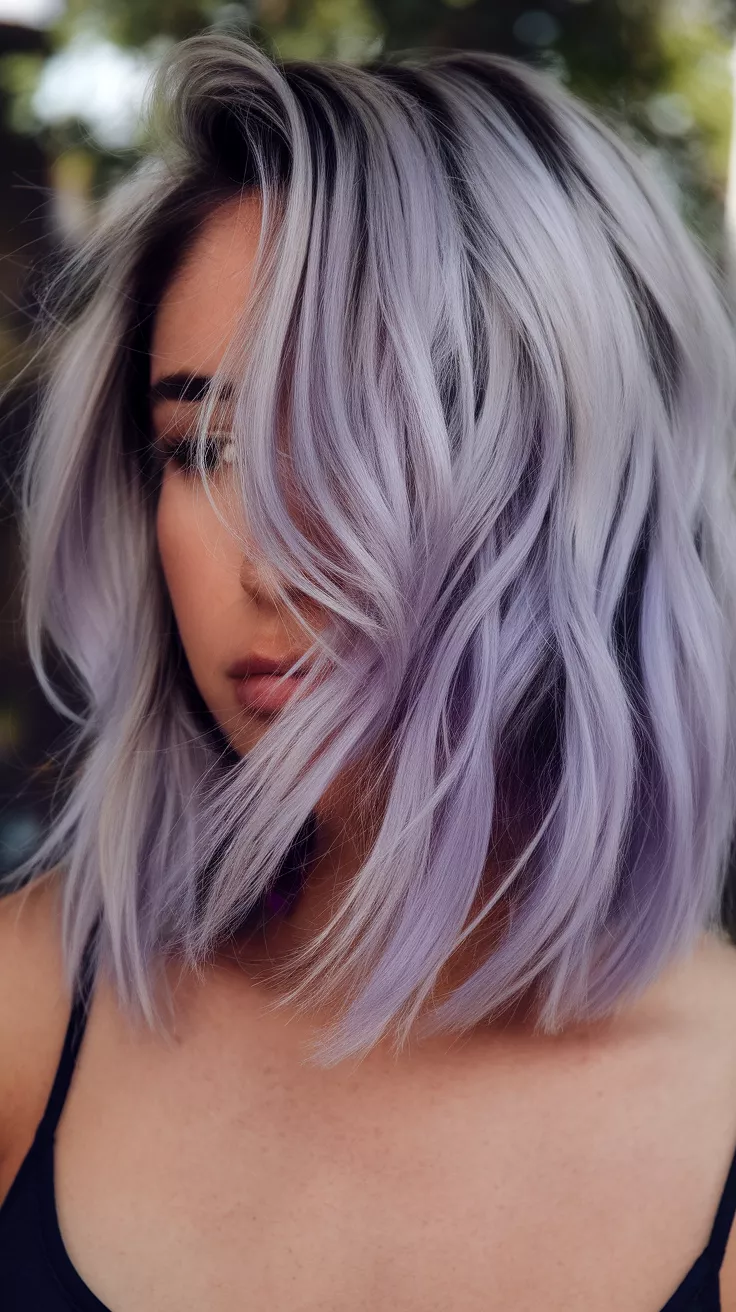 Asymmetrical Bob with Ash Brown and Lavender Tint A 26-year-old woman with a cool ash base with subtle lavender ends colored uneven bob, longer on one side, front view.