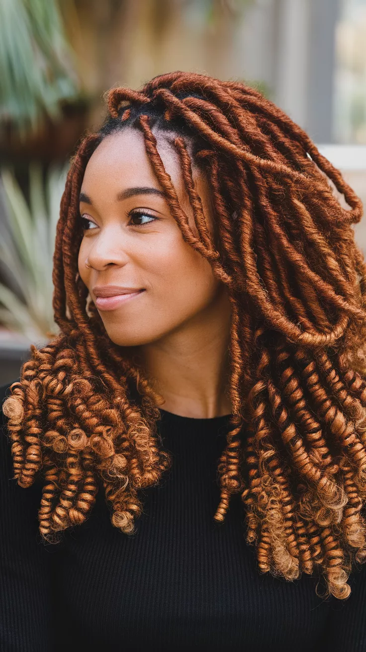 A beautiful 21-year-old black woman with a Cinnamon Coils colored natural coils, front view.
