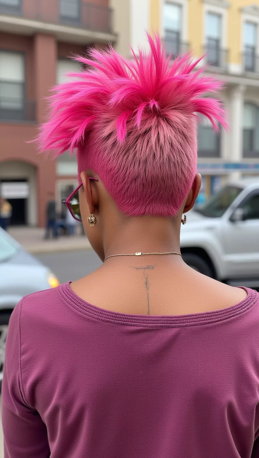 Textured Pink Mohawk A photo of a 25-year-old woman with a textured mohawk in bright pink color, back view.