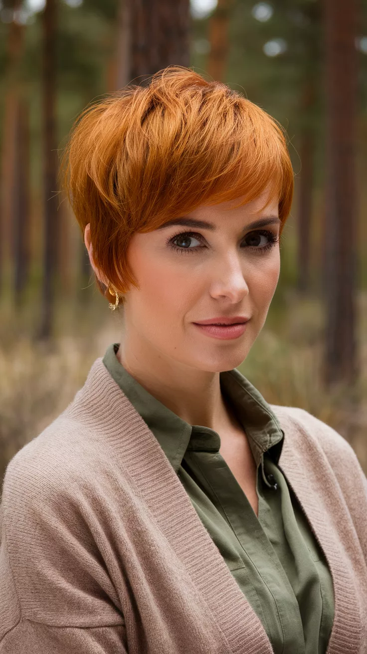Pixie with Feathered Bangs in Golden Auburn A 30-year-old woman with a vibrant auburn gold color colored short pixie with longer feathery fringe, front view.
