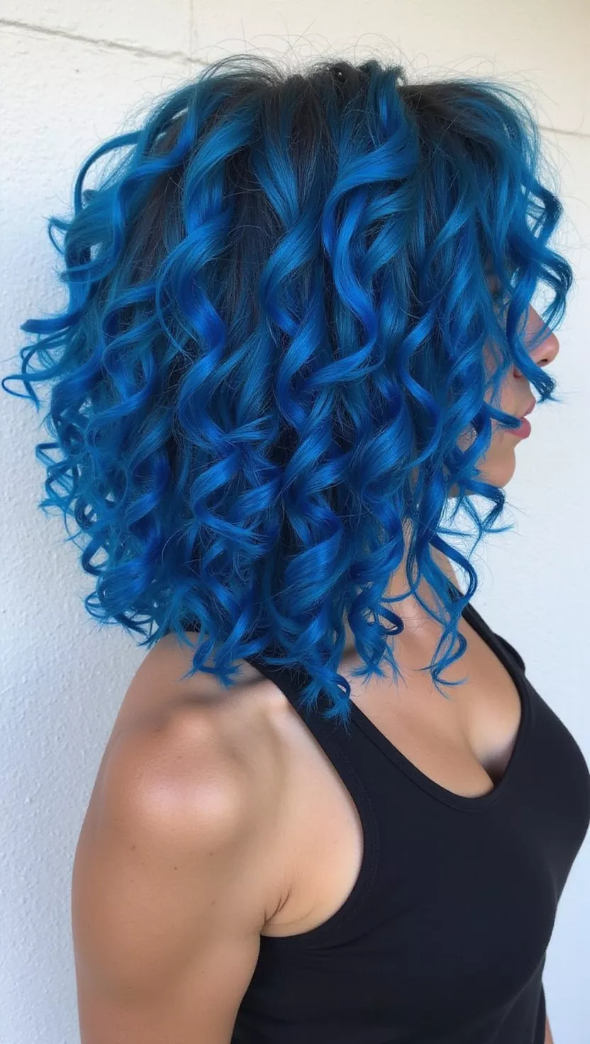 Bold Blue Natural Curls A 37-year-old woman with bold, vibrant blue colored natural curls, back view.