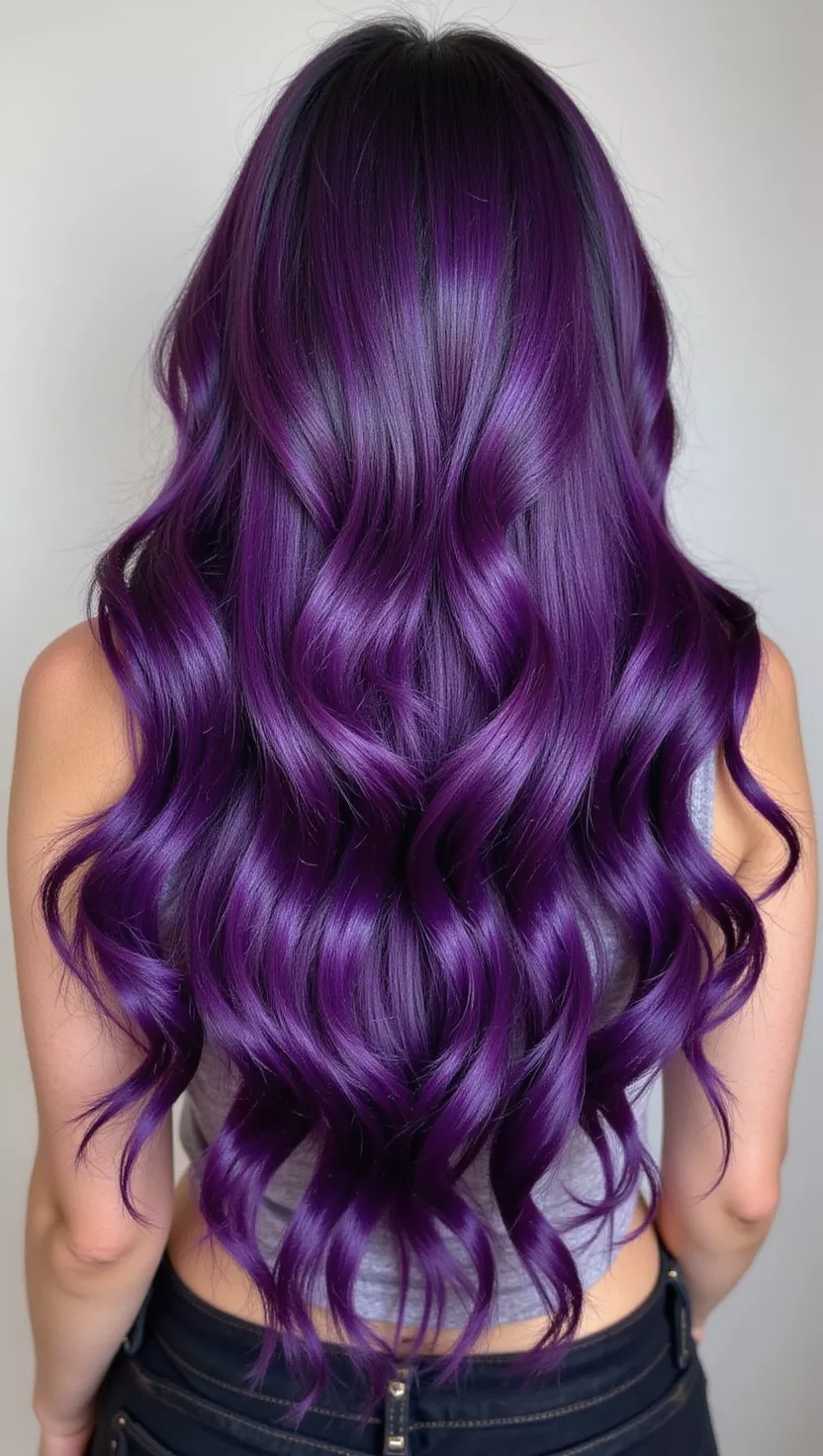 Gemstone Purple A 38-year-old woman with a deep, luxurious gemstone purple colored long, wavy hair, back view.