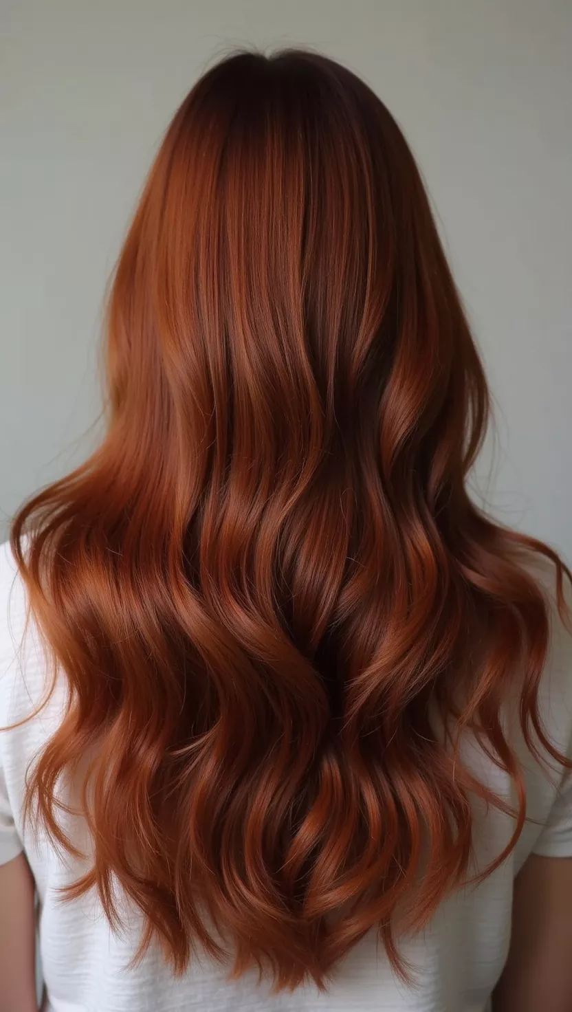 Mahogany A 30-year-old woman with a rich, reddish-brown mahogany colored long, voluminous hair, back view.