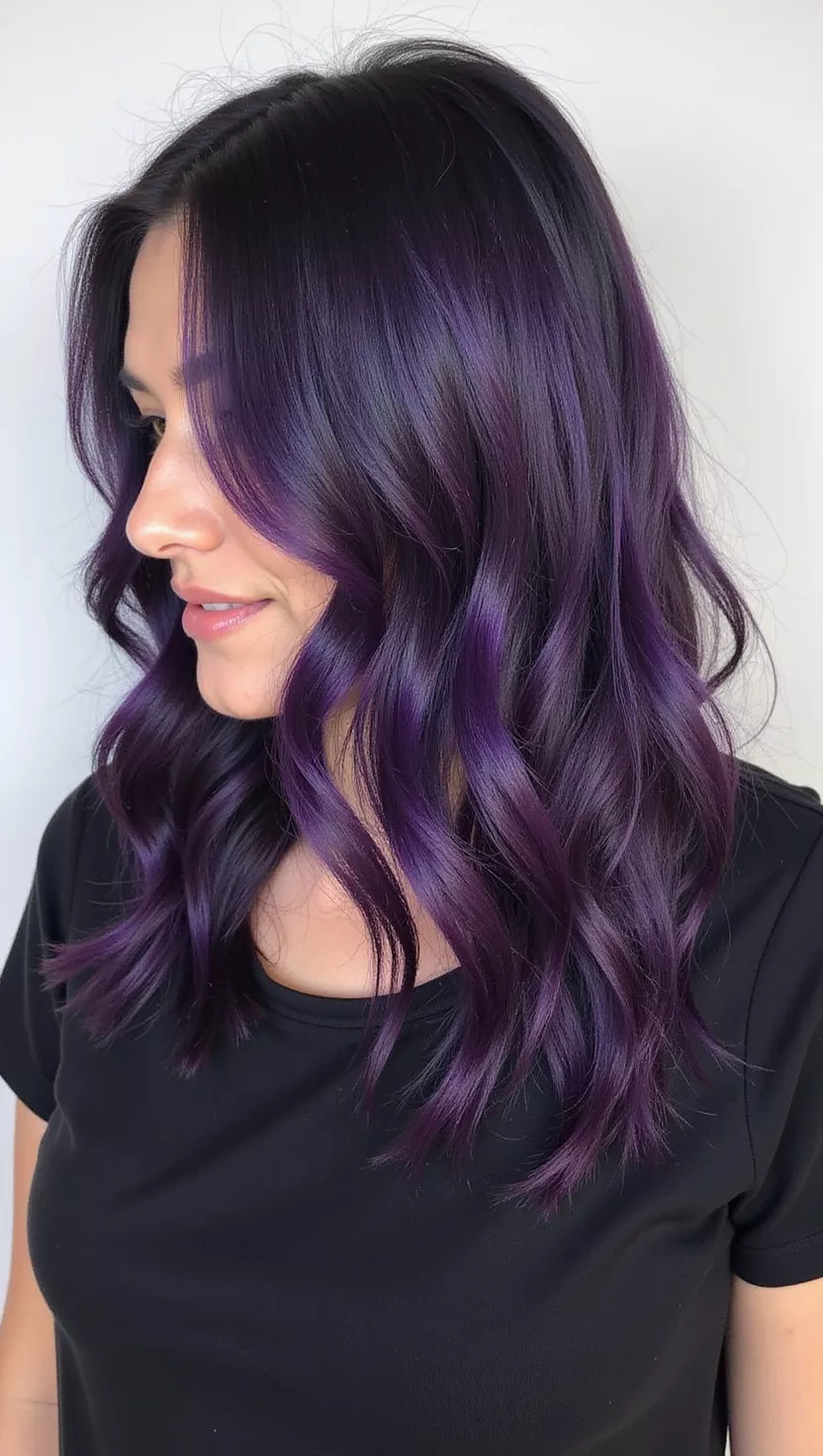 Midnight Violet A photo of a 35-year-old woman with a Midnight Violet colored medium-length straight hair, back view.