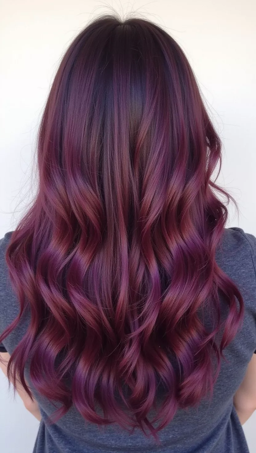 Pretty Plum A photo of a 28-year-old woman with a Pretty Plum colored long wavy hair, back view.