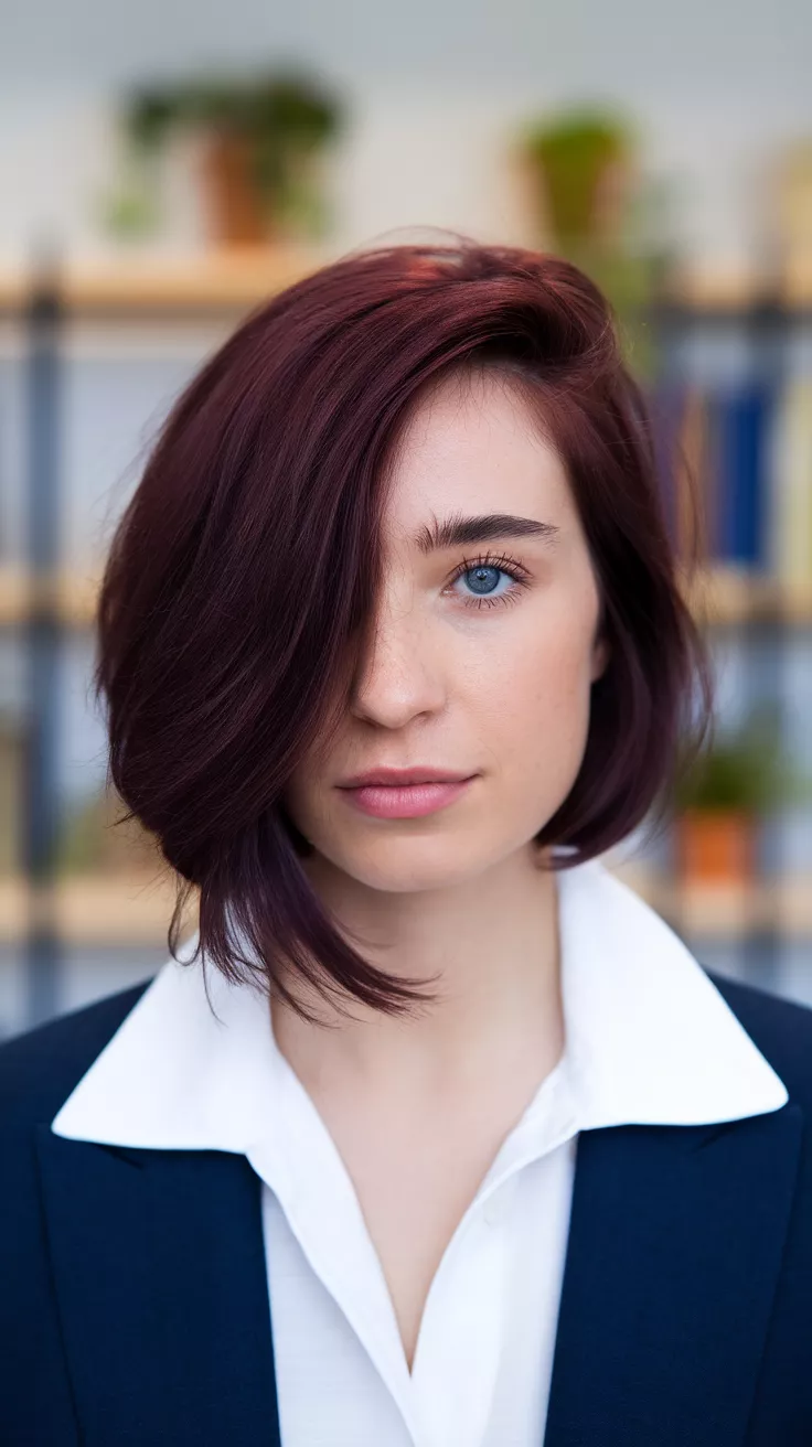 A beautiful 25-year-old woman with a deep plum colored asymmetrical bob.