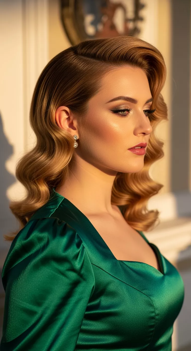 A 30-year-old woman with a voluminous waves with a deep side part for vintage glam, side view.