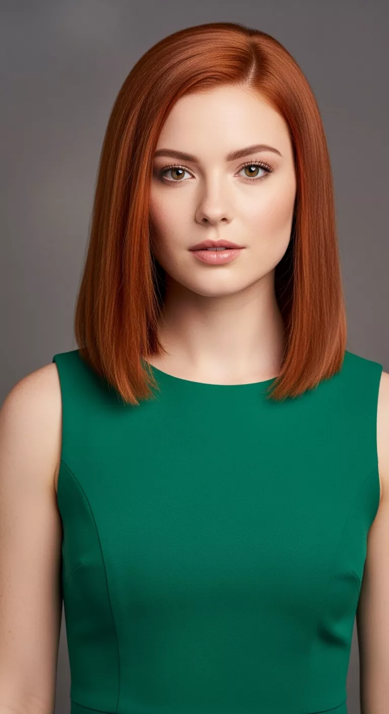 Deep Rich Copper A beautiful 25-year-old woman with a sophisticated red-leaning copper colored straight hair, shoulder-length, front view.