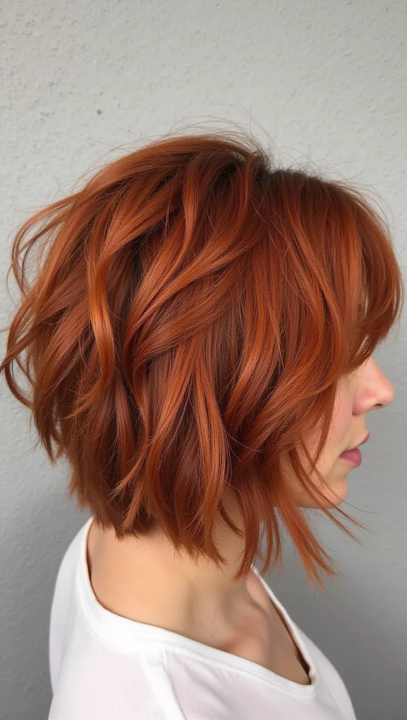 Choppy Copper Hairstyle A photo of a 31-year-old woman with a choppy short haircut in bright copper red color, back view.