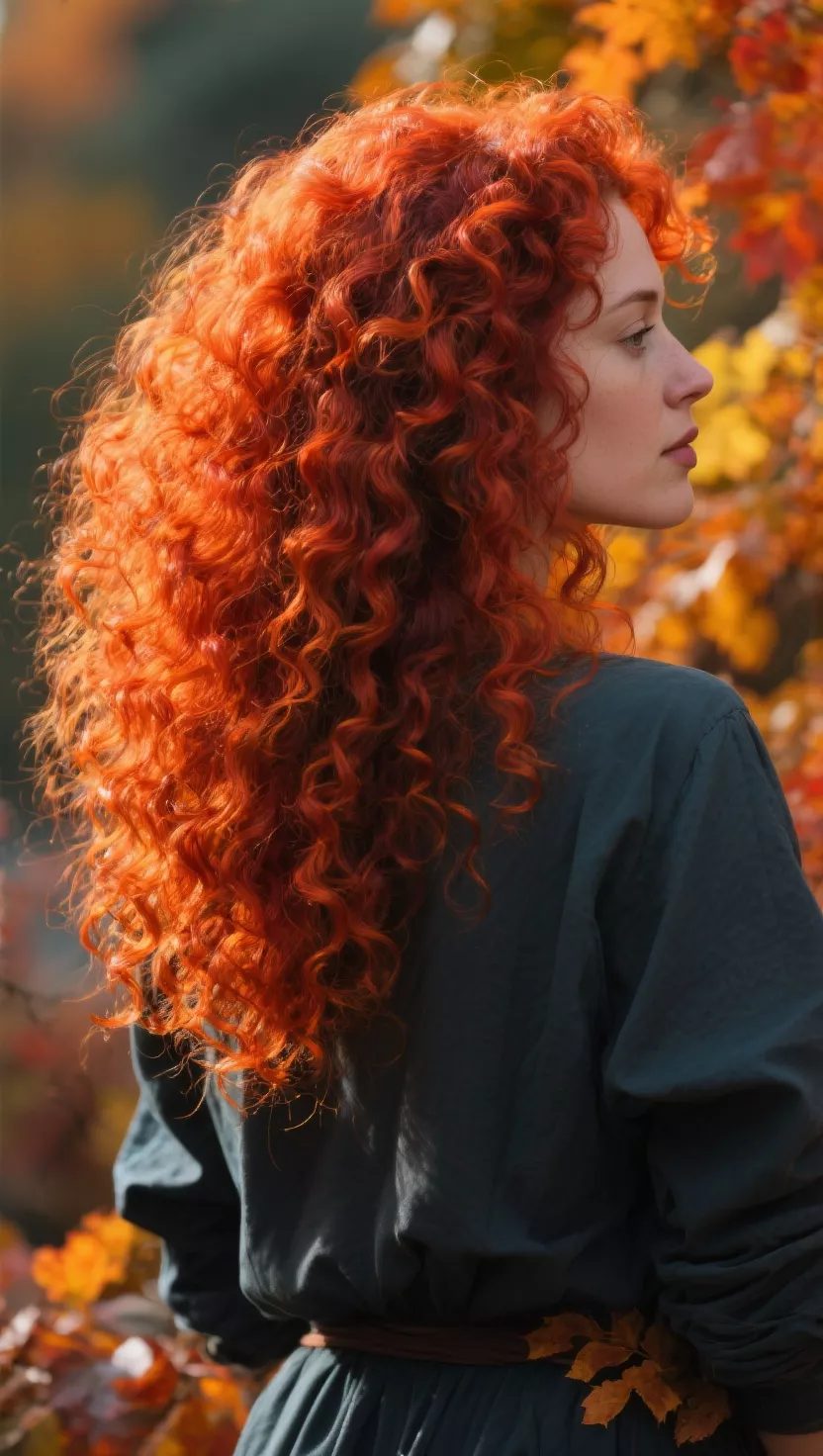 A 33-year-old woman with a bold, fiery orange-red that makes curls pop like autumn foliage colored curly hairstyle, back view.