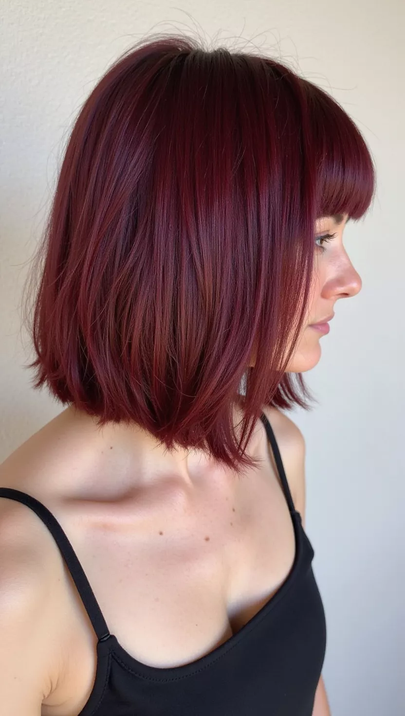 Short Burgundy Hairstyle with Long Bangs A photo of a 27-year-old woman with a deep burgundy red bob haircut with long side-swept bangs, back view.