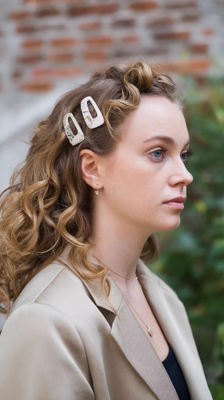 A 33-year-old woman with curls swept back on one side with decorative enamel clips, side view.