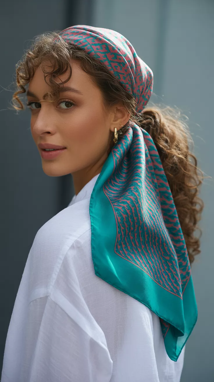 A beautiful 23-year-old woman with an accessorized ponytail, focusing on her curly ponytail secured with a unique and eye-catching scrunchie, scarf, or hair tie, elevating a simple style into a fashion statement.