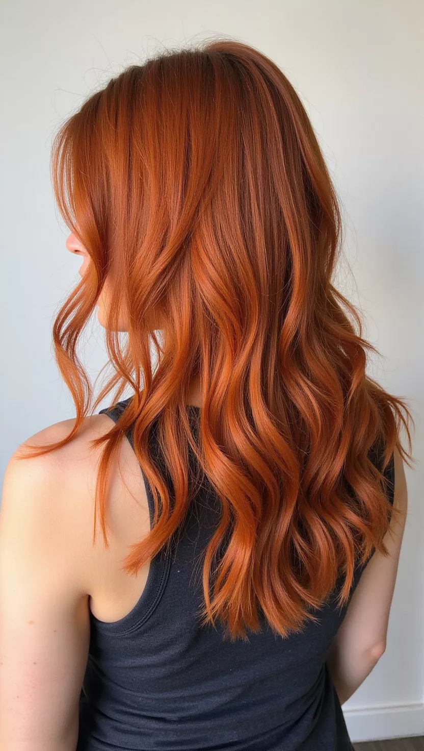Rust A 36-year-old woman with a muted, warm rust orange colored medium-length hair, back view.