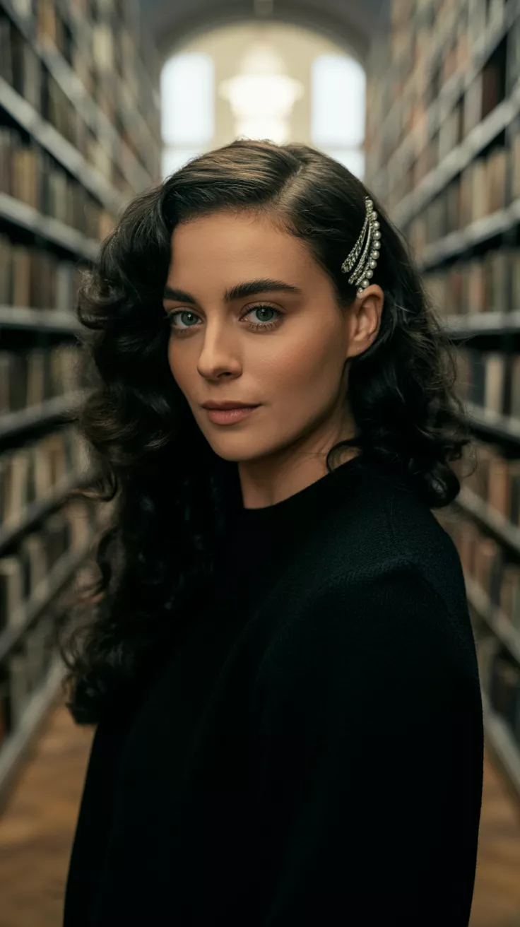 A beautiful 26-year-old woman with a clipped-back side sweep, where a section of her curls from one side is gracefully swept over to the other and secured with a stylish, decorative hair clip behind her ear.