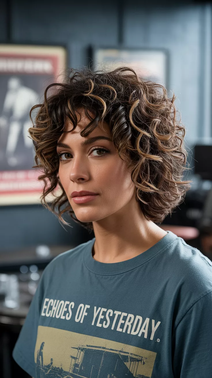 A beautiful 36-year-old woman with a curly shag cut, featuring numerous choppy layers throughout her curls, providing immense texture, movement, and a rock-and-roll edge while maintaining a soft and natural silhouette.