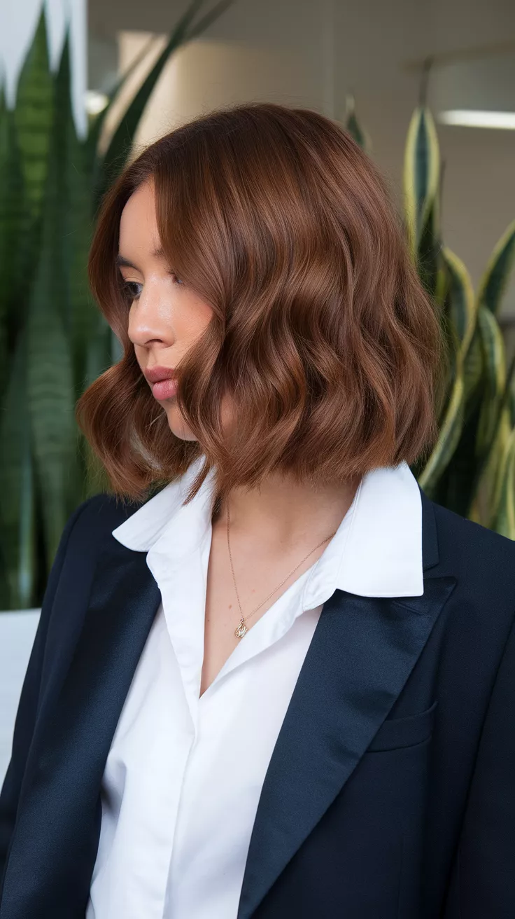 Wavy Bob with Chestnut Balayage A 28-year-old woman with a hand-painted chestnut highlights colored loose waves on a classic bob, front view.