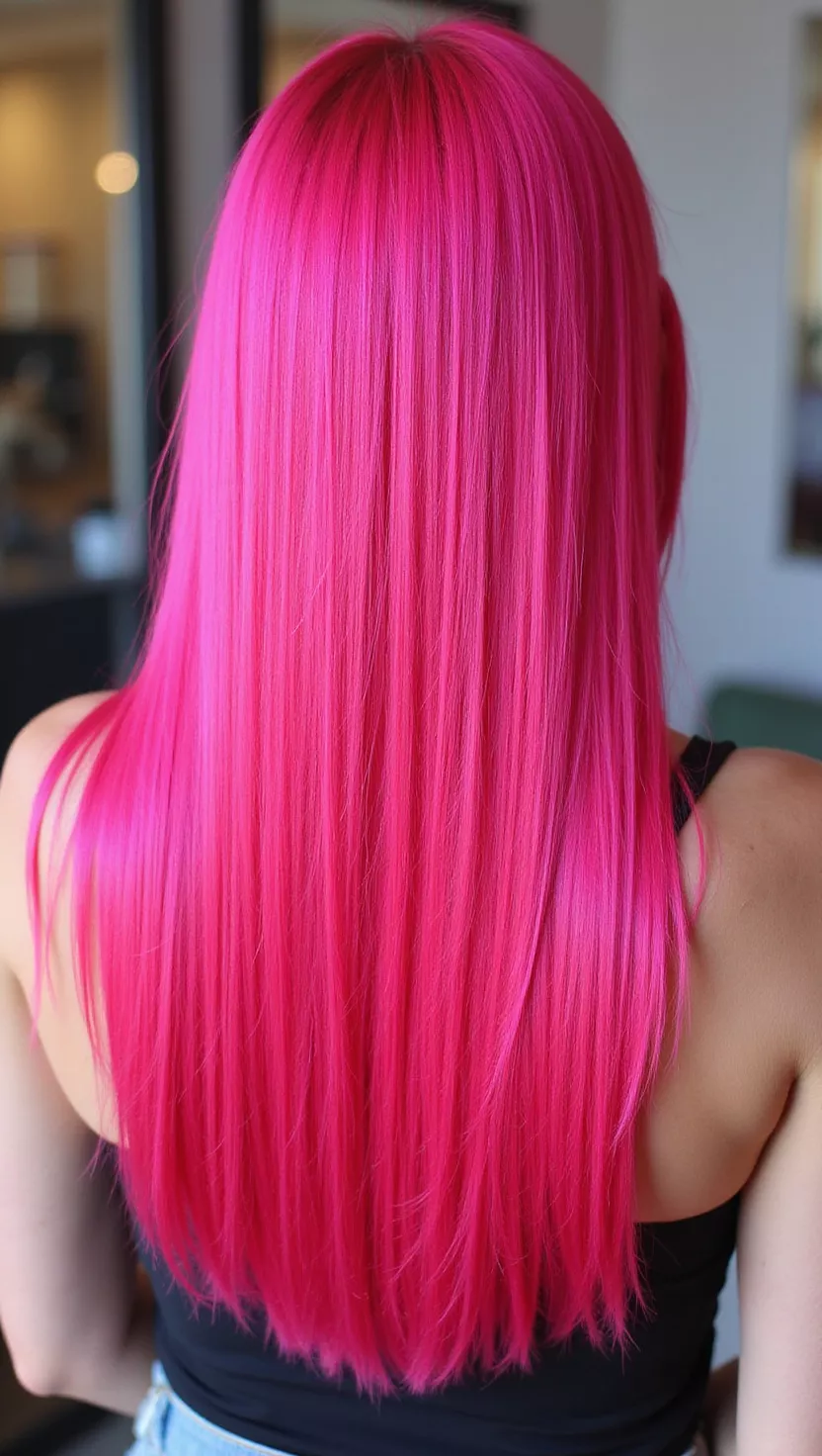 Hot Pink A 28-year-old woman with a vibrant, electric hot pink colored long, straight hair, back view.