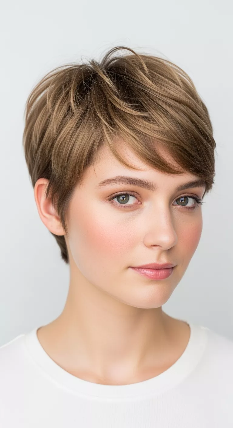 Textured Pixie A 25-year-old woman with a cropped pixie with soft, choppy layers, front view.