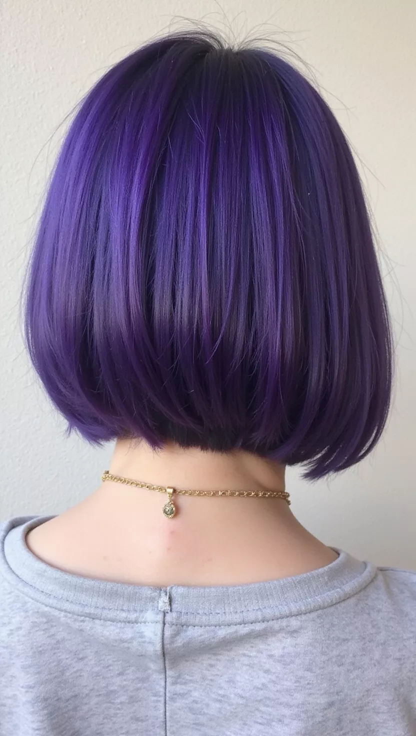 Indigo Bob A photo of a 29-year-old woman with a Indigo-Purple Bob colored bob haircut, back view.