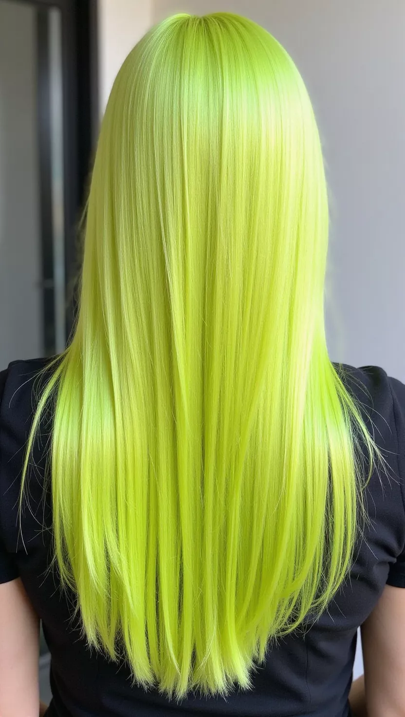 Lemon Lime Color Melt A 27-year-old woman with a smooth lemon fading to a vibrant lime color melt colored long, straight hair, back view.
