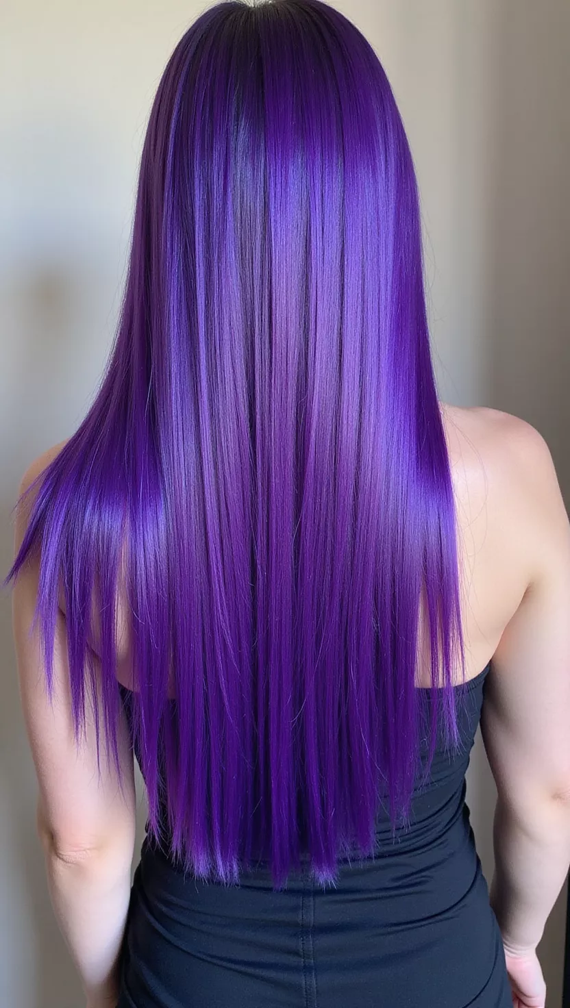 Royal Purple A photo of a 33-year-old woman with a Royal Purple colored long straight hair, back view.