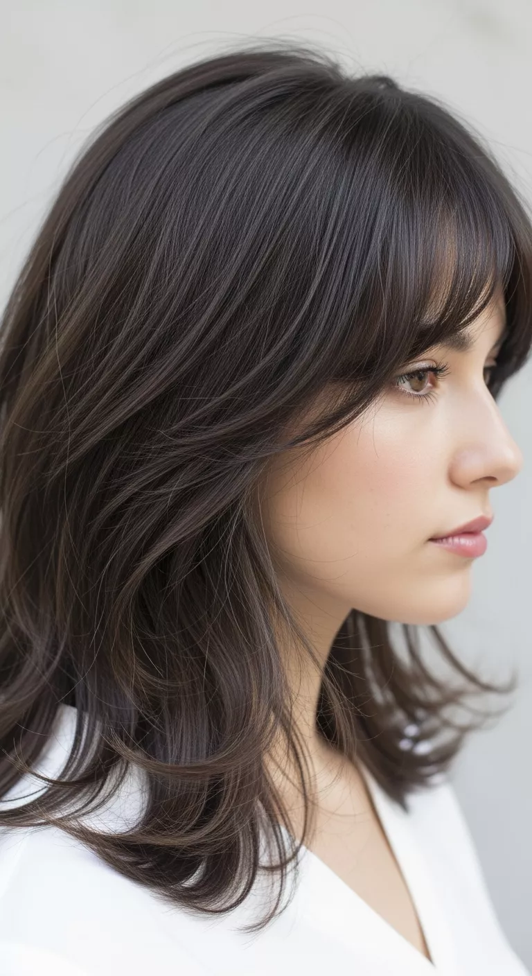 Kitty Cut A 28-year-old woman with a soft, mid-length hybrid of butterfly and wolf cut with side fringe, side view.