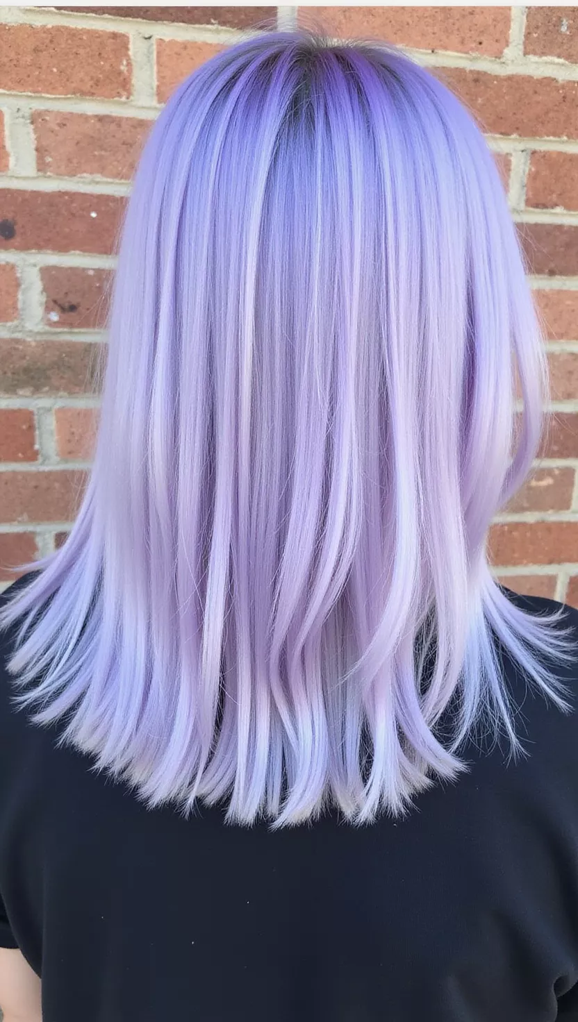 Dreamy Lavender A photo of a 24-year-old woman with a Dreamy Lavender colored shoulder-length straight hair, back view.