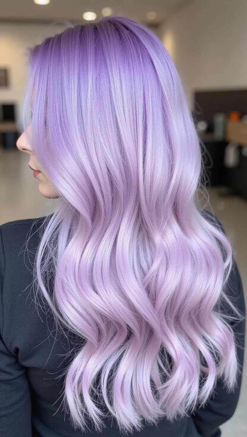 Lilac Hair A 24-year-old woman with a soft, delicate lilac colored cascading waves, back view.