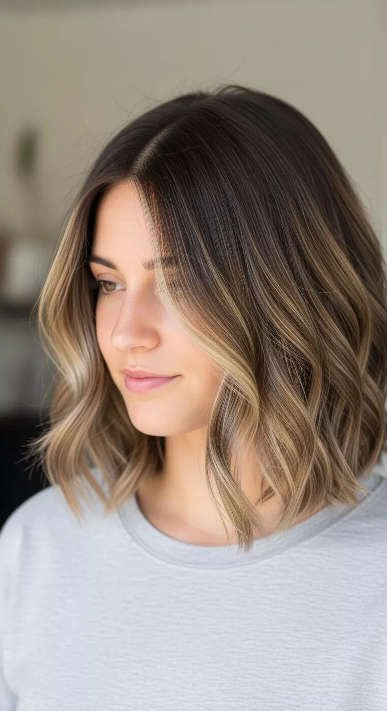 A 29-year-old woman with a light beige tones blended into dark brown colored shoulder-length waves, front view.