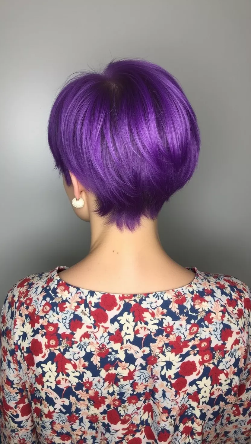 Ultra Violet Modern Pixie A photo of a 22-year-old woman with a modern pixie cut in vibrant purple ultra violet color, back view.
