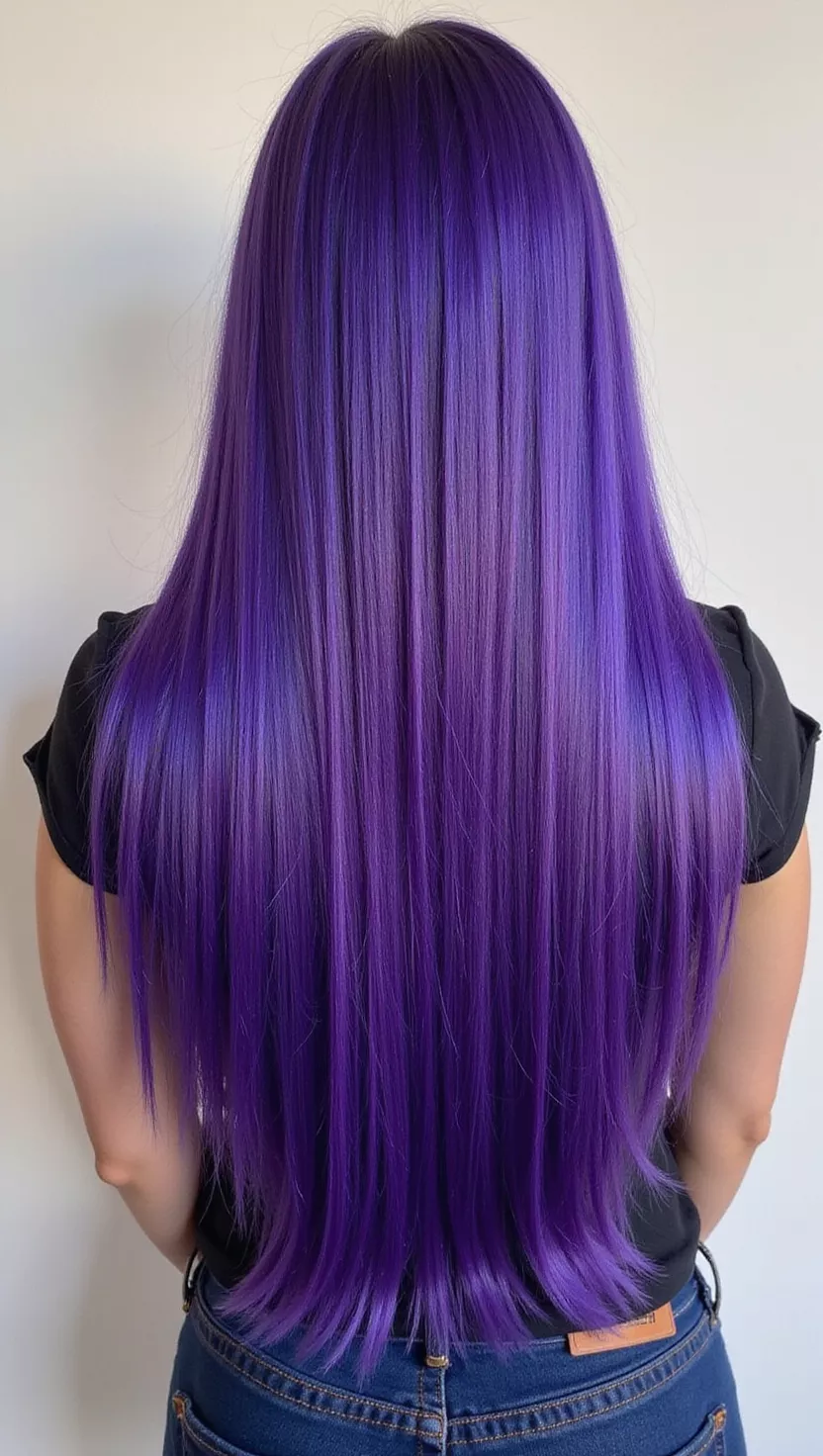 Electric Purple A photo of a 21-year-old woman with a Electric Purple colored long straight hair, back view.