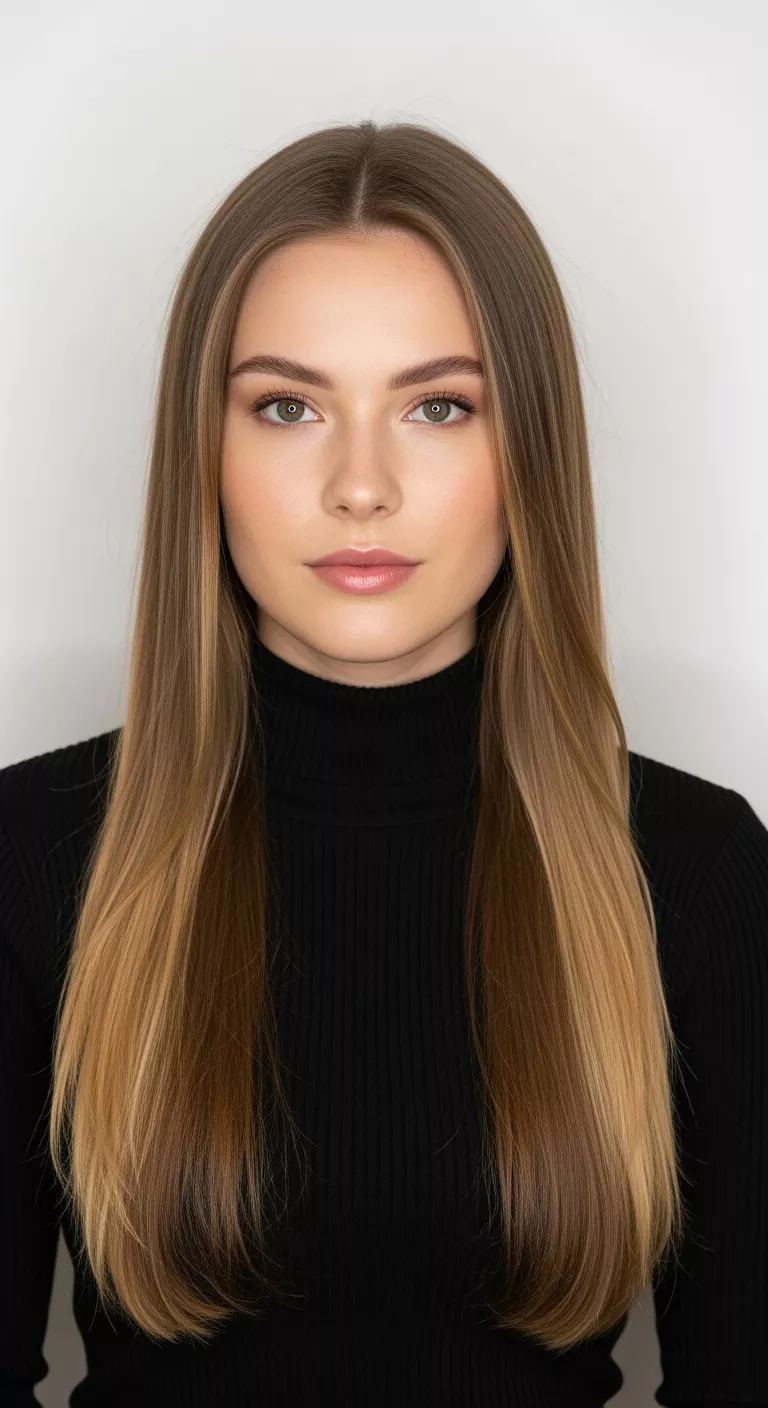 A 28-year-old woman with a cool, sleek brown with a clean finish colored long, straight hair, front view.