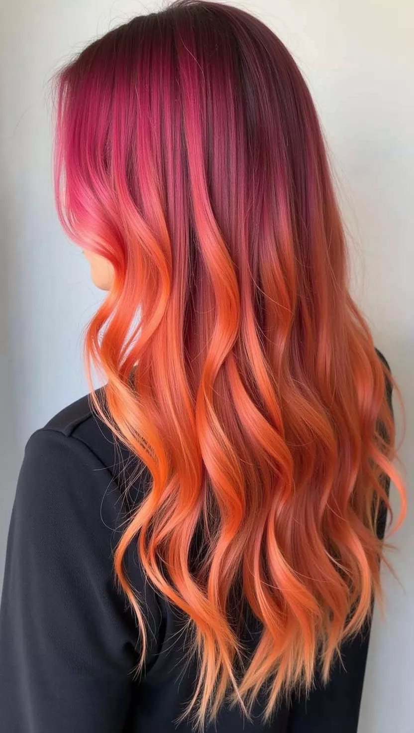 Sunset Hair A 29-year-old woman with a stunning sunset blend of reds, oranges, and pinks colored long, wavy hair, back view.