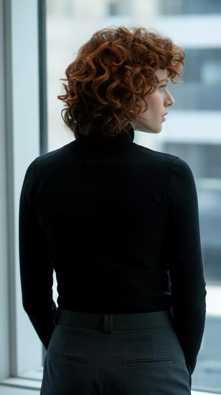 A 28-year-old woman with a moody, cool-toned red-brown that feels both edgy and elegant colored curly hairstyle, back view.