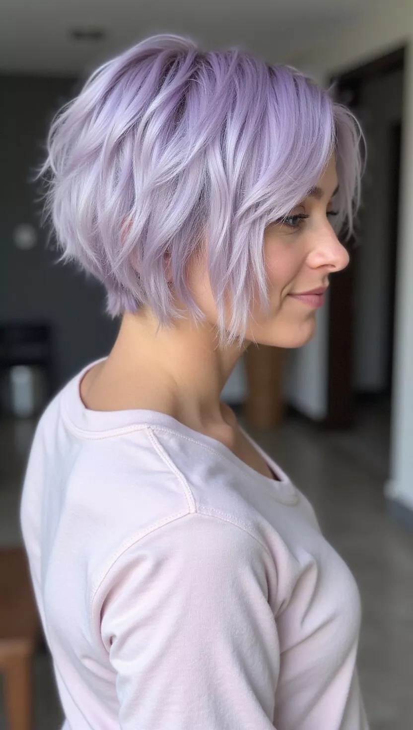 Almost-White A photo of a 26-year-old woman with a Almost-White purple colored pixie cut, back view.