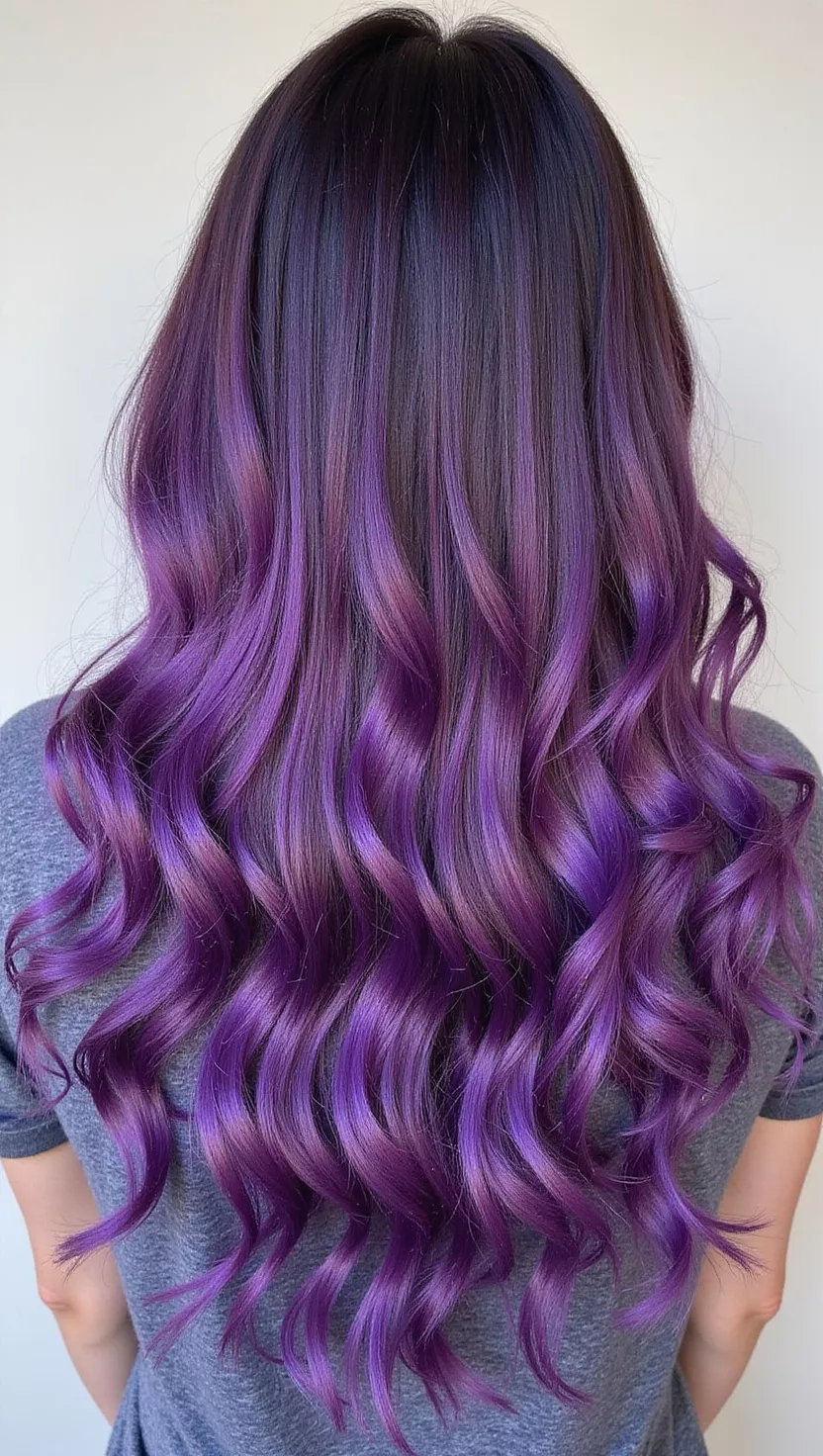 Violet Ombré A photo of a 28-year-old woman with a Violet Ombré colored long wavy hair, back view.