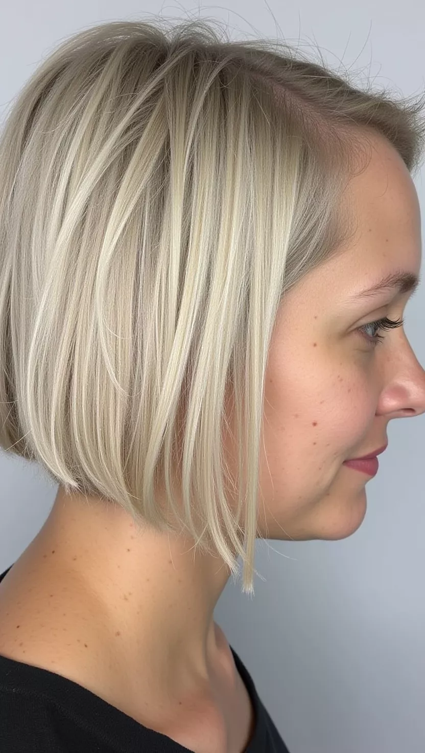 Ashy Blonde Bob A photo of a 29-year-old woman with a chin-length ashy blonde bob, back view.