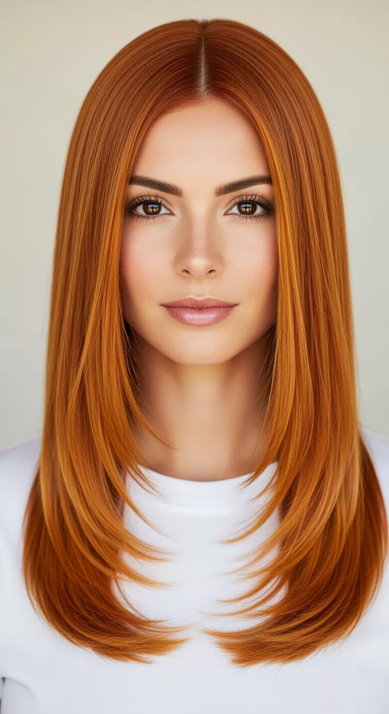 Dark Copper with Golden Highlights A beautiful 30-year-old woman with a deep copper base with bright gold strands colored long, straight hair, front view.