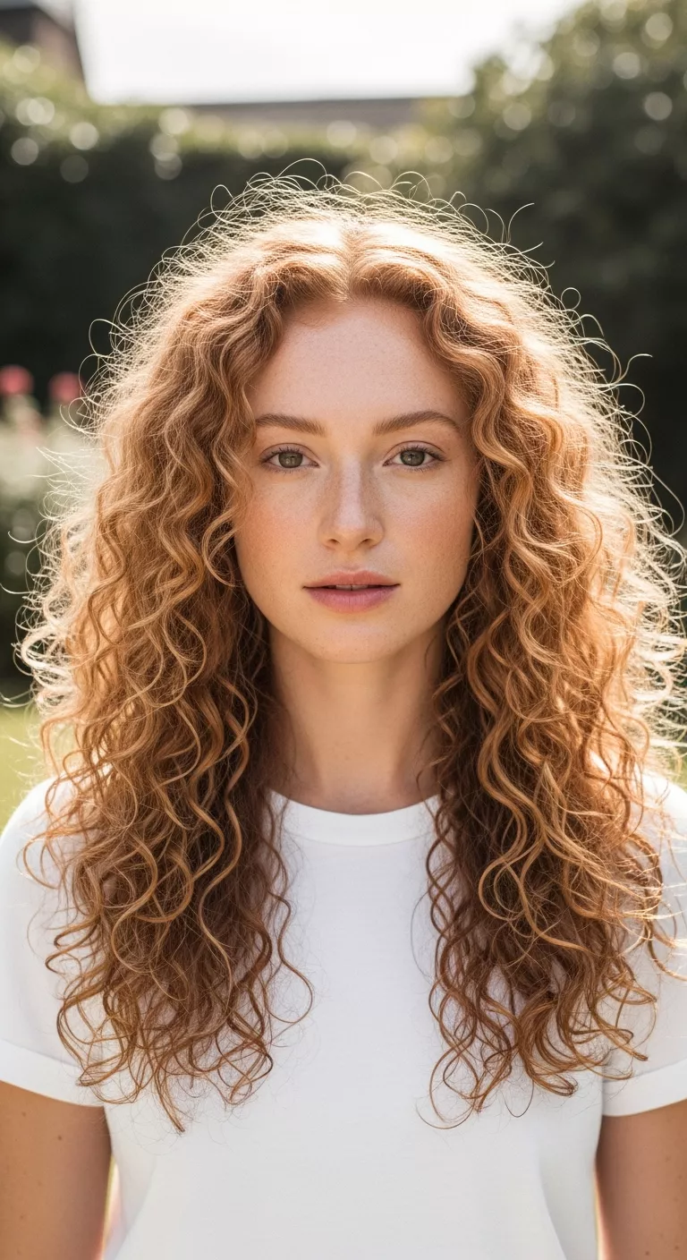 Soft Strawberry Blonde A 27-year-old woman with a light red-blonde with a warm glow colored long, curly hair, front view.